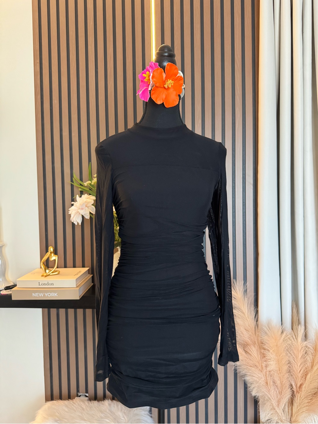 Slim Fit Black Long-Sleeve Ruched Dress